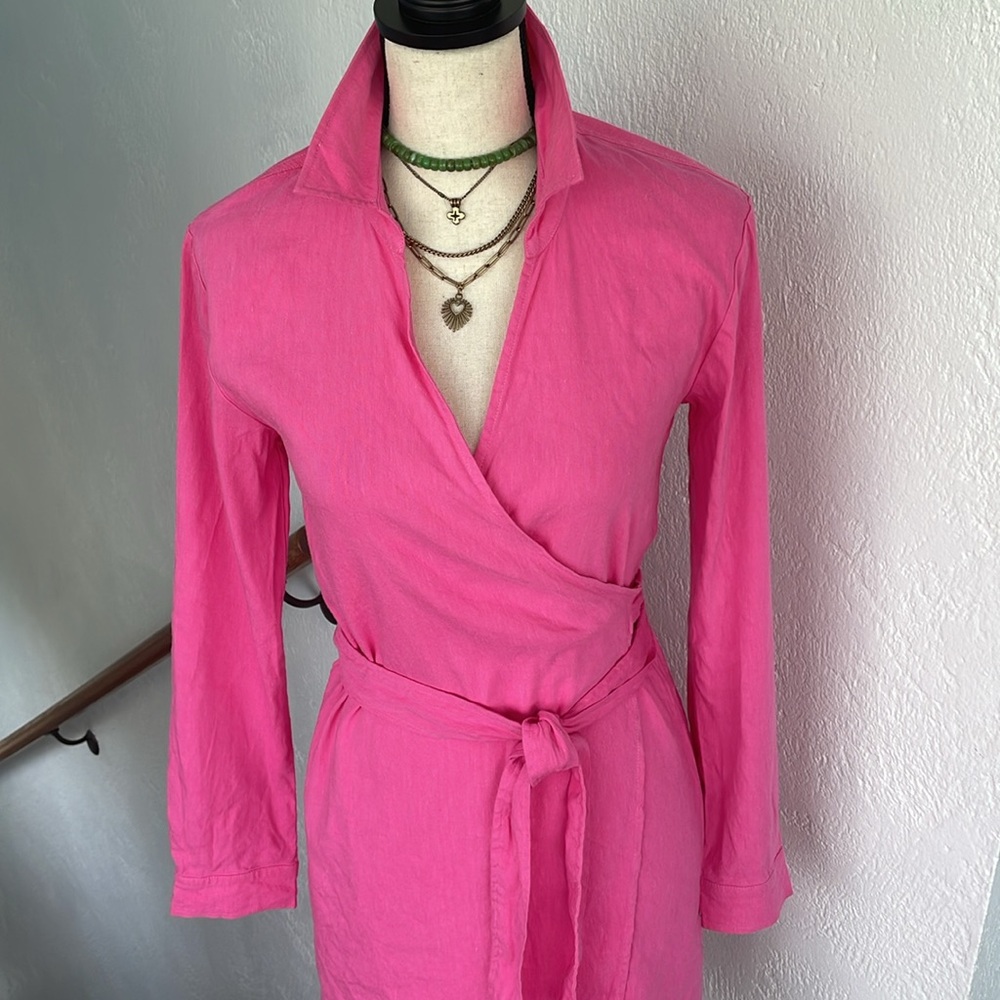Monroe Linen Blend Wrap Shirt Dress‎ Pink Small - Picture 3 of 8